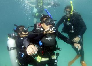 Student performs injured diver rescue drill during open water training for Smithsonian's Scientific Diver Course